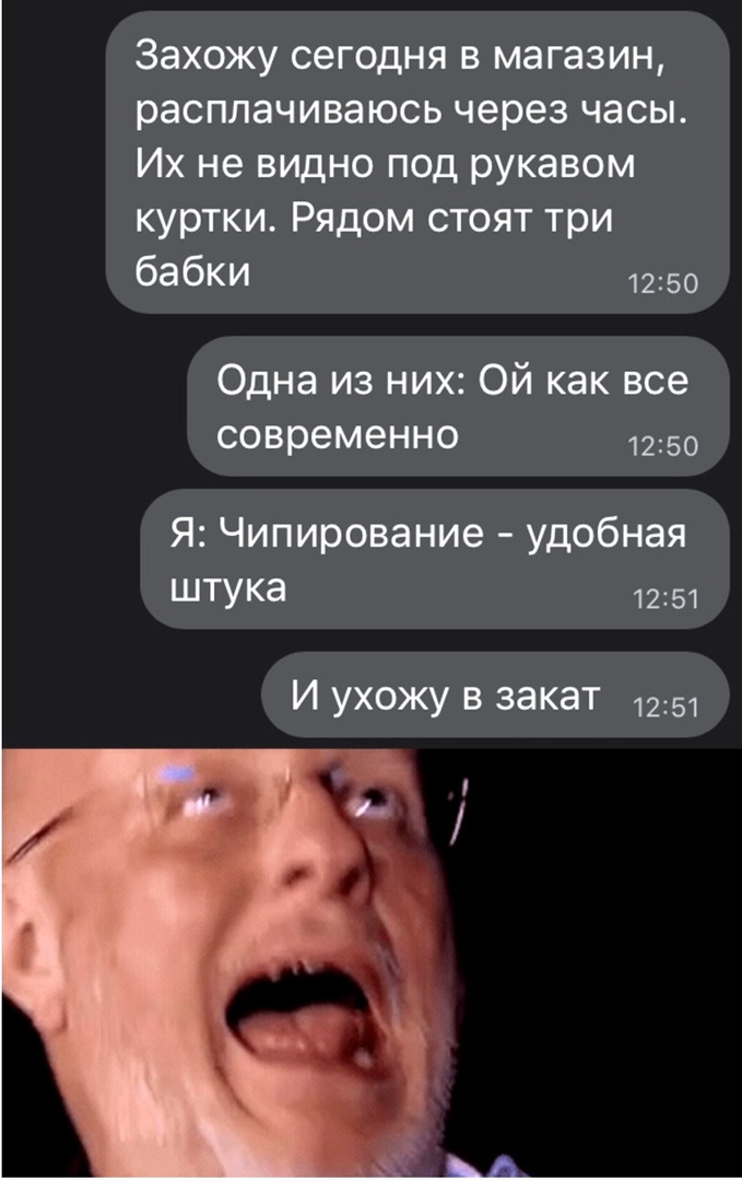 Захожу сегодня в магазин расплачиваюсь через часы Их не видно под рукавом куртки бабки Рядом стоят три 1250 Одна из них Ой как все современно 1250 Я Чипирование удобная штука 12151 И ухожу в закат 1251