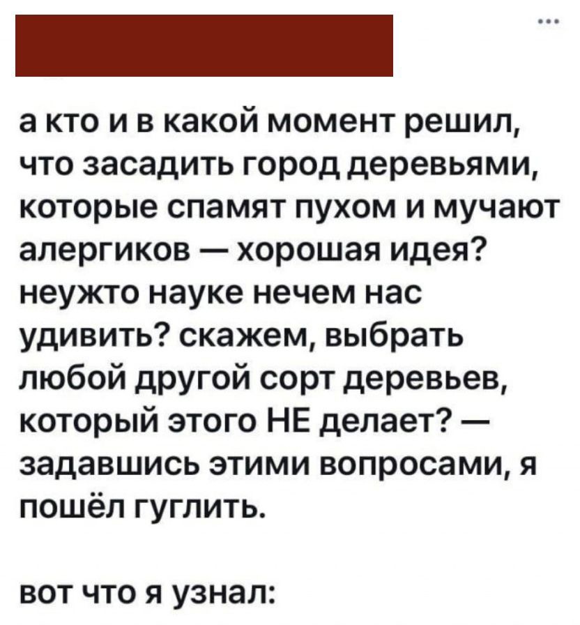 а кто и в какой момент решил что засадить город деревьями которые спамят пухом и мучают алергиков хорошая идея неужто науке нечем нас удивить скажем выбрать любой другой сорт деревьев который этого НЕ делает задавшись этими вопросами я пошёл гуглить вот что я узнал