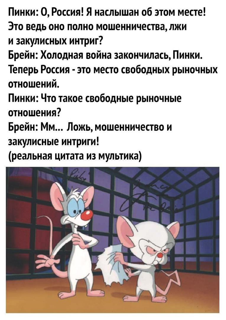 Пинки 0 Россия я наслышан об этом месте Это ведь оно полно мошенничества лжи и закулисных интриг Брейн Холодная война закончилась Пинки Теперь Россия это место свободных рыночных отношений Пинки Что такое свободные рыночные отношения Брейн Мм Ложь мошенничество и закулисные интриги реальная цитата из мультика