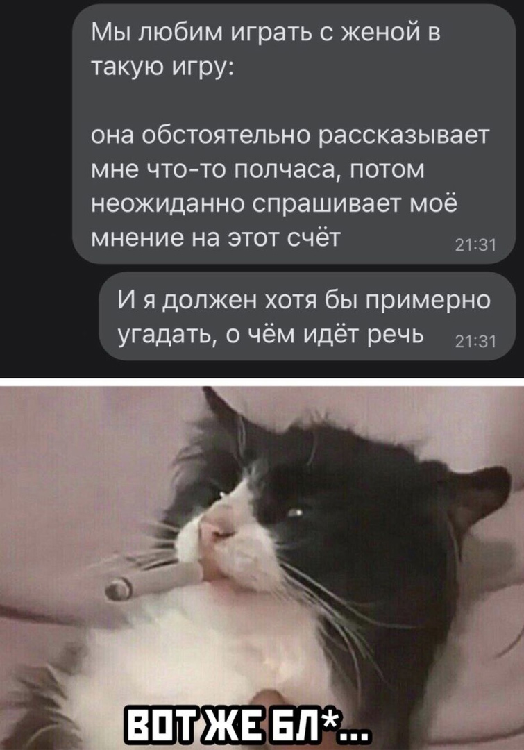 Мы любим играть с женой в такую игру она обстоятельно рассказывает мне что то полчаса потом неожиданно спрашивает моё мнение на этот счёт 2131 И я должен хотя бы примерно угадать о чём идёт речь 2131
