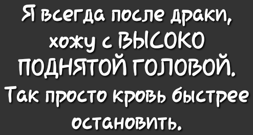 Я всегда после драки хожу ВЫСОКО поднятой головой Так просто кровь быстрее остановить