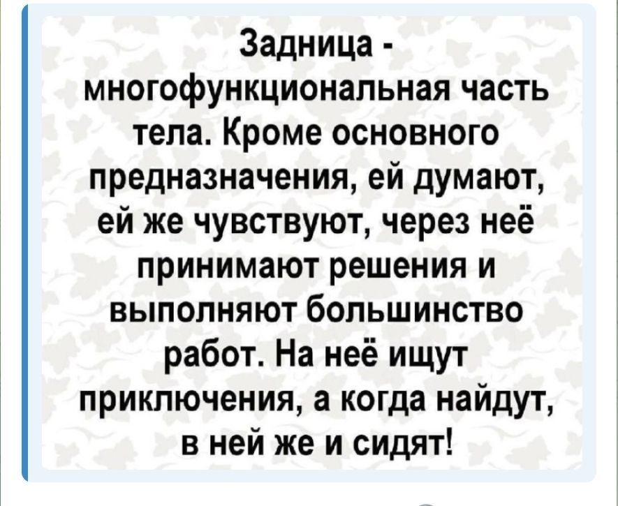 Задница - многофункциональная часть тела. Кроме основного назначения, ей думают, ей же чувствуют, через неё принимают решения и выполняют большинство работ. На неё ищут приключения, а когда найдут, в ней же и сидят!