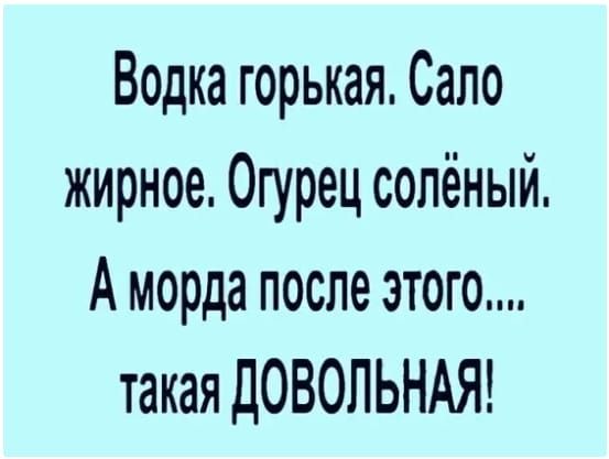 Водка горькая Сало жирное Огурец солёный А морда после этого такая ДОВОЛЬНАЯ