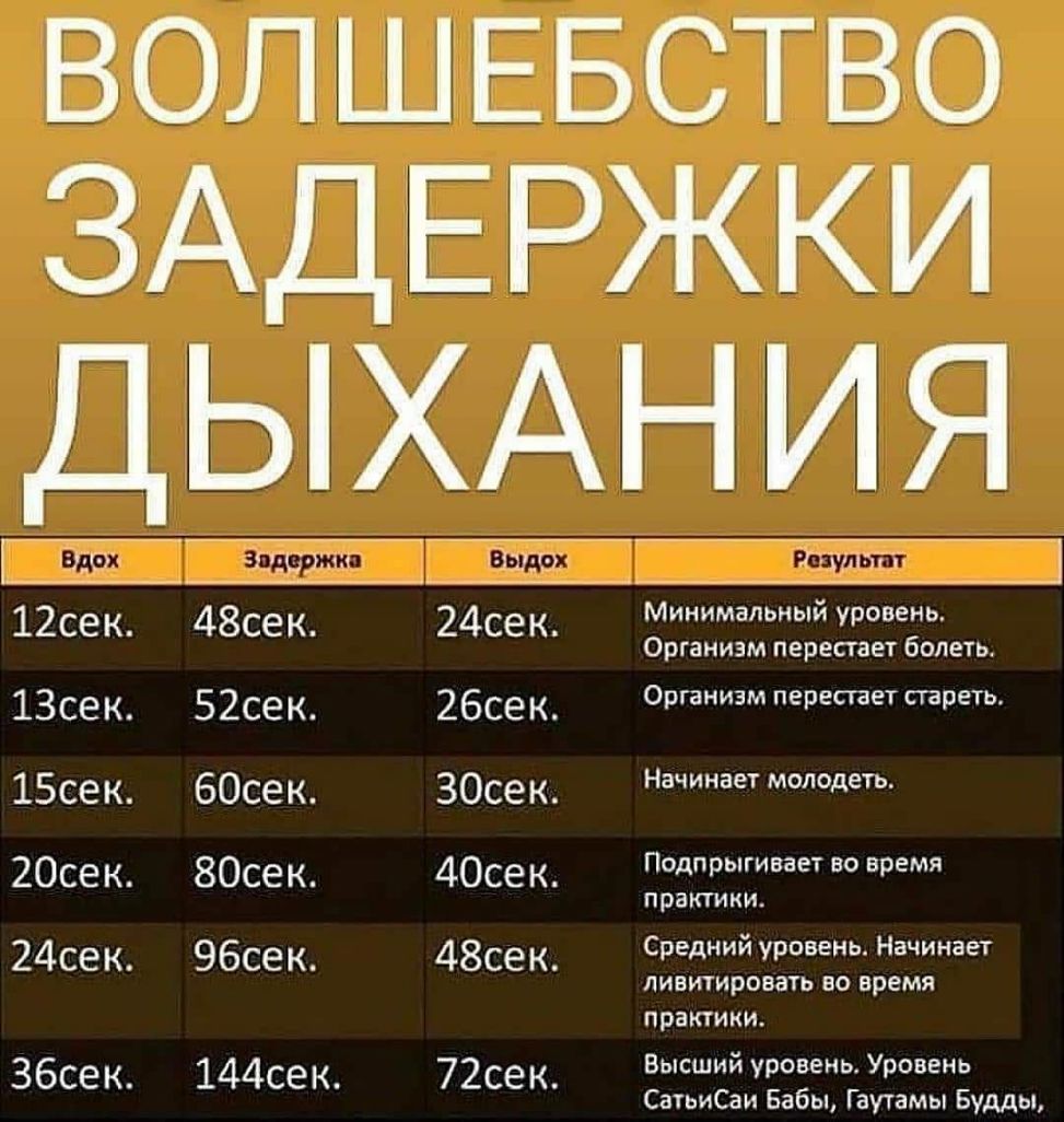 ВОЛШЕБСТВО ЗАДЕРЖКИ ДЫХАНИЯ Еле 11159 м 7 шт гугл эт Г12сек 48С6К 24СЕК Минимальный уровень Организм перестает болеть ЗСЕК 52СЕК 26С9К Организм перестает стареть 15сек бОсек ЗОсек ает мд 2ОС6К 80СЕК 4ОС9К Подпрыгивает во время практики 24С8К 96С6К 48С6К Средний уровень Начинает имитировать во время практики збсек 144СЕК 72СЕК Высший уровень Уровень СатьиСаи Бабы Гаутамы Будды