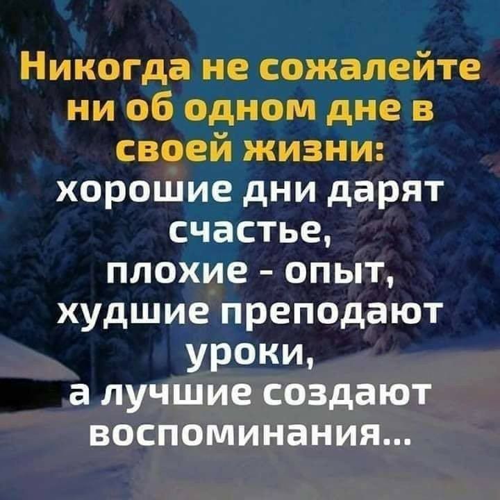 Никогда не сожалейте ни об одном дне в своей жизни хорошие дни дарят счастье плохие опыт худшие преподают УРОКИ а лучшие создают воспоминания