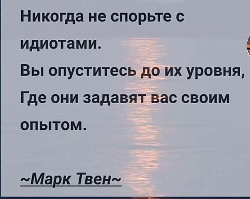 Никогда не спорьте с идиотами Вы опуститесь до их уровня Где они задавят вас своим ОПЫТОМ Марк ТвеНм