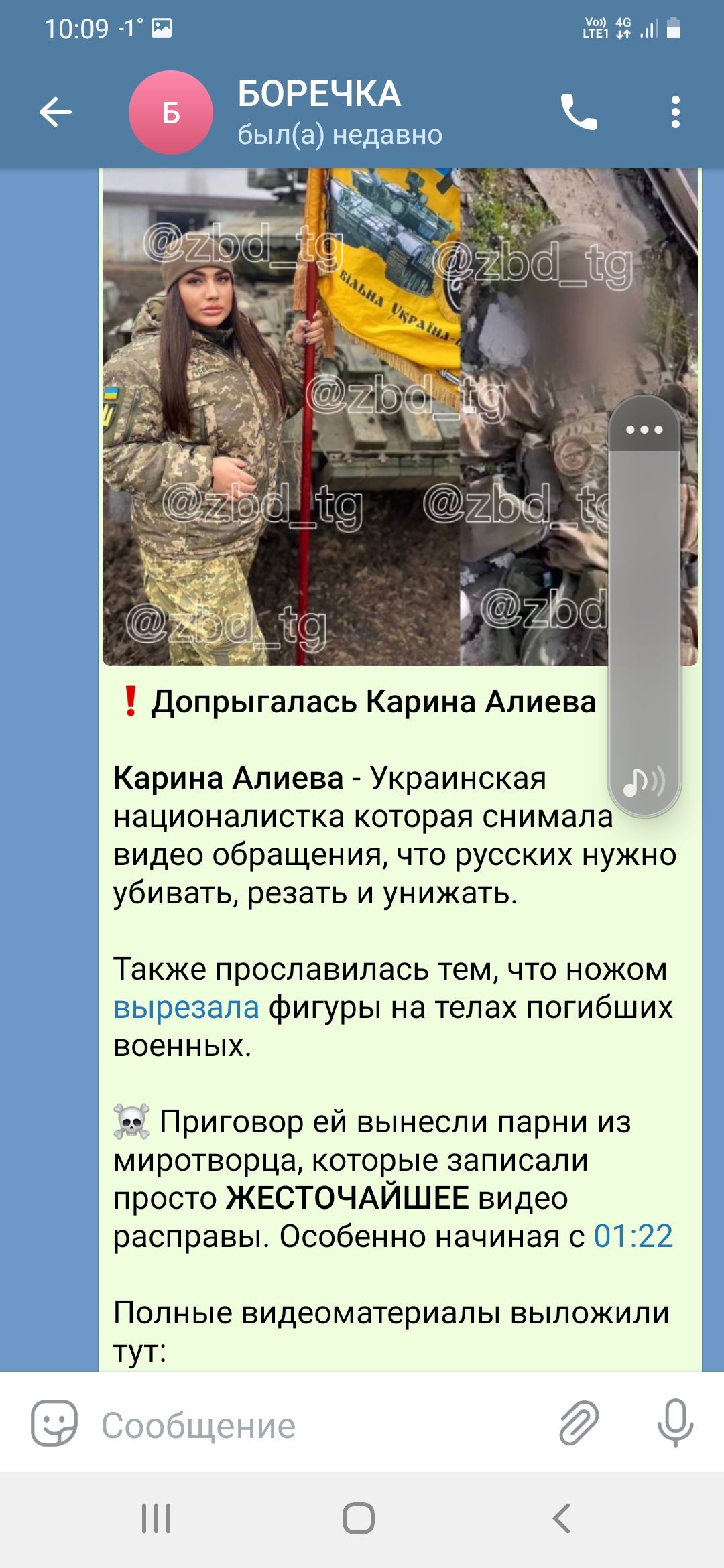 допрыгапась Карина Алиева Карина Алиева Украинская националистка которая снимала видео обращения что русских нужно убивать резать и унижать Также прославилась тем что ножом ьы ш фигуры на телах погибших военных Приговор ей вынесли парни из миротворца которые записали просто ЖЕСТОЧАЙШЕЕ видео расправы Особенно начиная с 0172 Полные видеоматериалы выложили тут
