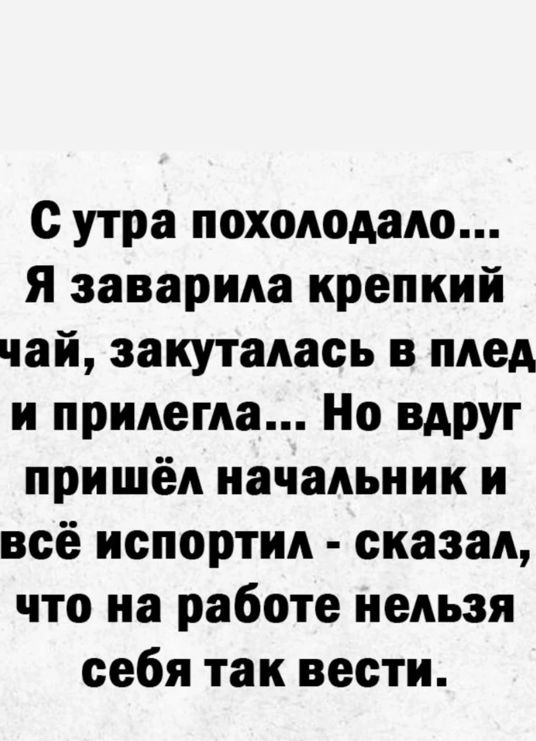 с утра похолодало Я заварила крепкий чай закуталась в плед и прилегла Но вдруг пришёл начальник и всё испортил сказал что на работе нельзя себя так вести