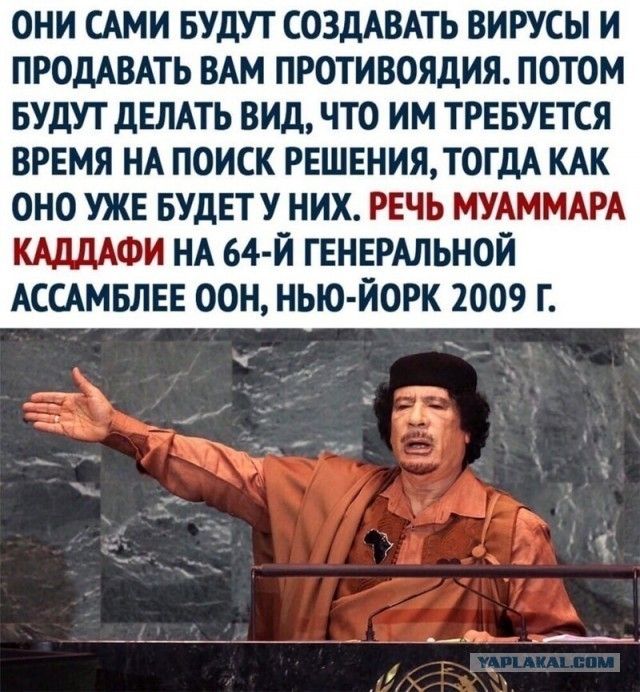 ОНИ САМИ БУДУТ СОЗДАВАТЬ ВИРУСЫ И ПРОДАВАТЬ ВАМ ПРОТИВОЯДИЯ ПОТОМ БУДУТ дЕЛАТЬ ВИД ЧТО ИМ ТРЕБУЕТСЯ ВРЕМЯ НА ПОИСК РЕШЕНИЯТОГДА КАК оно ужв БУДЕТУ них РЕЧЬ МУАММАРА КАДДАФИ НА 64 Й ГЕНЕРАЛЬНОЙ АССАМБЛЕЕ оон нью йорк 2009 г