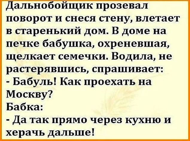 Дально ойщик прозевал поворот и снеся стену влетает в старенький дом В доме на печке бабушка охреневшая щелкает семечки Водила не растерявшись спрашивает Бабуль Как проехать на Москву Бабка Да так прямо через кухню и херачь дальше