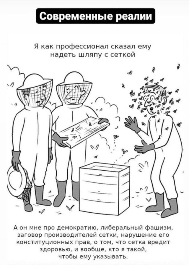Современные реалии Я как профессионал сказал ему надеть шляпу с сеткой А он мне про демократию либеральный фашизм заговор производителей сетки нарушение его конституционных прав 0 том что сетка вредит здоровью и вообще кто я такой чтобы ему указывать