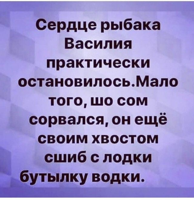 Сердце рыбака Василия практически остановилосьМало того шо сом сорвался он ещё своим хвостом сшиб с лодки бутыпку водки
