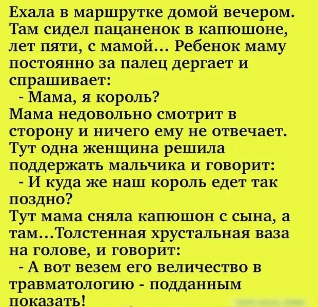 Ехала маршрутке домой вечером Там сидел пацаненок в Капюшоі іе лет пяти с мамой Рабенок маму ПОСТОЯШО за ЦЗЛЕЦ ДСРГЗЕТ И СПРБШИВБЕТ_ Мама я король Мама НЕДОВОЛЬНО СМОТрИТ В СТОРОНУ И НИЧЕГО ЕМУ не ОТВЕЧББТ Тут одна женщина решила поддержать мальчика и ГОВОРИТ И куда же наш король едет так поздно Тут маша сняла капюшон с сына а там Тоіштенная хрустальная ваза на голове и говорит А ізот везем его ве