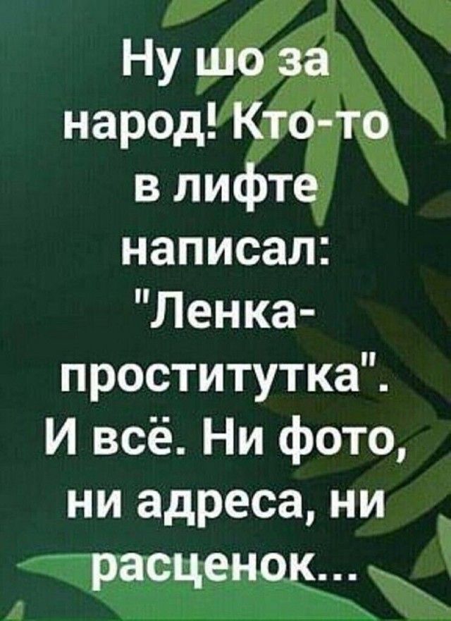 Ну шо за народ Кто то в лифте написал Ленка проституткаЙ И всё Ни фото ни адреса ни _ расценок _