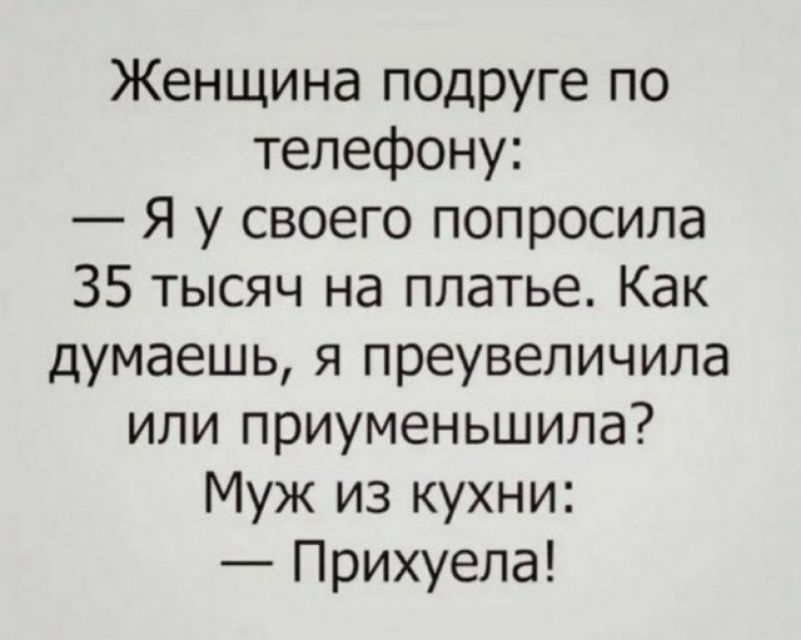 Женщина подруге по телефону Я у своего попросила 35 тысяч на платье Как думаешь я преувеличила или приуменьшила Муж из кухни Прихуела