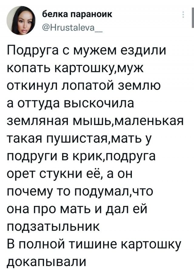бепка параноик Нги5аеуа_ Подруга с мужем ездили копать картошкумуж откинул лопатой землю а оттуда выскочила земляная мышьмапенькая такая пушистаямать у подруги в крикподруга орет стукни её а он почему то подумапчто она про мать и дал ей подзатыпьник В полной тишине картошку докапывали