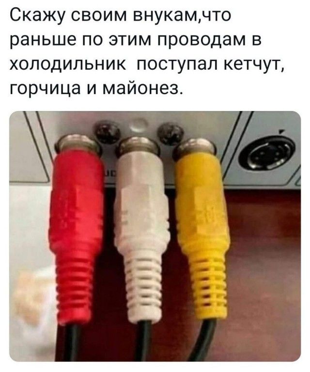 Скажу своим внукамнто раньше по этим проводам в холодильник поступал кетчут горчица и майонез
