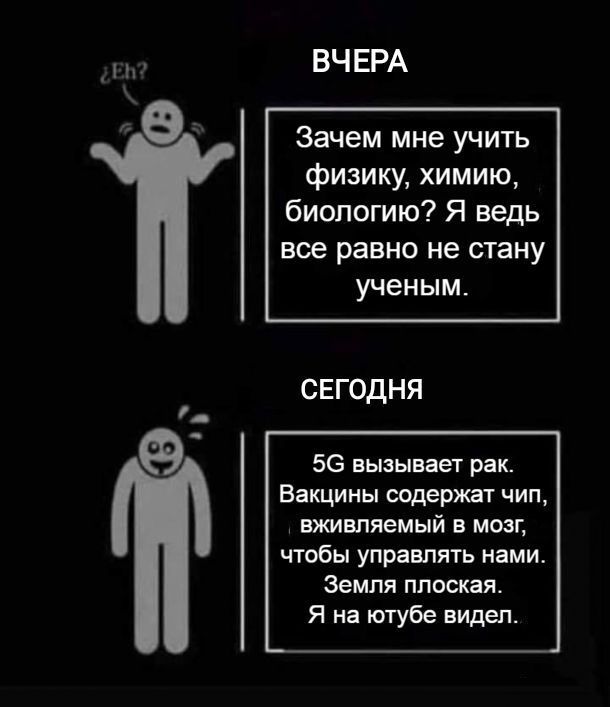 ВЧЕРА Зачем мне учить физику химию биологию Я ведь все равно не стану ученым СЕГОДНЯ 56 вызывает рак Вакцины содержат чип вимвпяемый в мозг чтобы управлять нами Земля плоская Я на ютубе видел