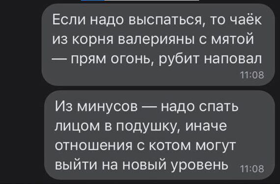 ЕСЛИ надо ВЫСПЗТЬСЯ ТО чаёк ИЗ Корня валерияны С МЯТОЙ прям огонь рубит наповал 11 05 Из минусов надо спать лицом в подушку иначе отношения с котом могут выйти на новый уровень 05