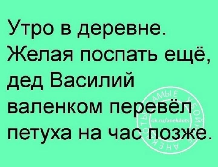 Утро в деревне Желая поспать ещё дед Василий вапенком перевёл петуха на час позже