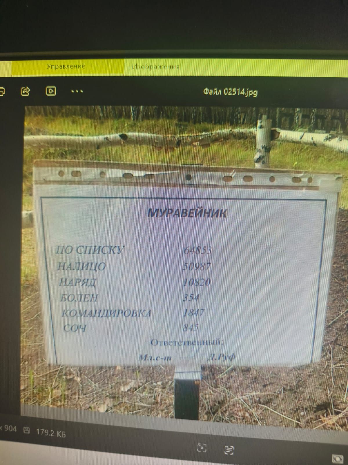 МУРАВЕЙНИК

ПО СПИСКУ 64853
НАЛИЧИЕ 50987
НАРЯД 10820
БОЛЬНЫХ 354
КОМАНДИРОВКА 184
СОЧ 81

Ответственный:
М-ст. А. П. Ж.