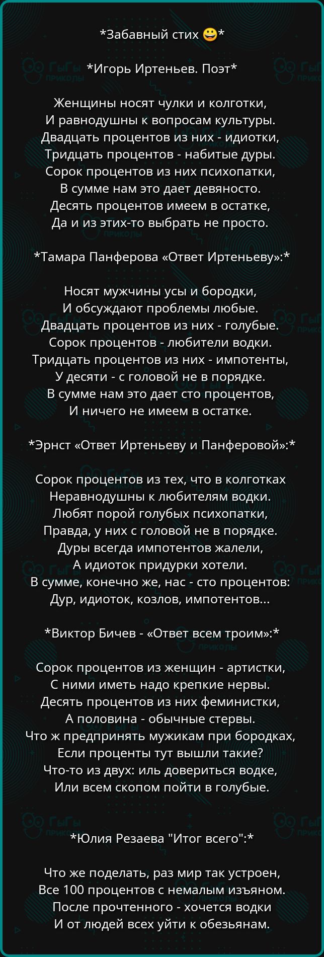 Забавный стих
Игорь Иртеньев. Поэт
Женщины носят чулки и колготки, и равнодушны в вопросам культуры. Двадцать процентов из них - идиотки, Тридцать процентов - набитые дуры. Сорок процентов из них психопатки, В сумме нам это дает девяносто. Десять процентов им тоже в остатке, Да и из этих-то выбрать не просто.
Тамара Панферова «Ответ Иртеньеву»:
Женщины мужики и бородки, И обсуждают проблемы любые. Двадцать процентов из них - голубые. Сорок процентов - любители водки. Тридцать процентов из них - импотенты, У десяти - с головой не в порядке. В сумме нам это дает сто процентов, И ничего не имеем в остатке.
Эрнст «Ответ Иртеньеву и Панферовой»: Сорок процентов из тех, что в колготках Ненарядную с любовью водки. Любят порой голубых психопатки, Правда, у них с головой не в порядке. Дуры идиоток, козлов, импотентов...
Виктор Бичев - «Ответ всем троим»: Сорок процентов из женщин - артистки, С ними иметь надо крепкие нервы. Десять процентов из них феминистки, А половина - обычные стервы. Что ж предпринять мужикам при бородках, Если проценты тут вышли такие? Что-то из двух: или довериться будут, Или всем скопом пойти в голубые.
Юлия Резаваева «Итог всего»: Что же поделать, раз мир так устроен, Все до процентов с немаленьким взятым. И от людей всех уйти к обезьянам.
