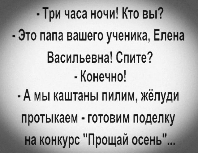 Три часа ночи! Кто вы?
Это папа вашего ученика, Елена Васильевна! Спите?
Конечно!
А мы каштаны пилим, жёлуди протыкаем - готовим поделку на конкурс 