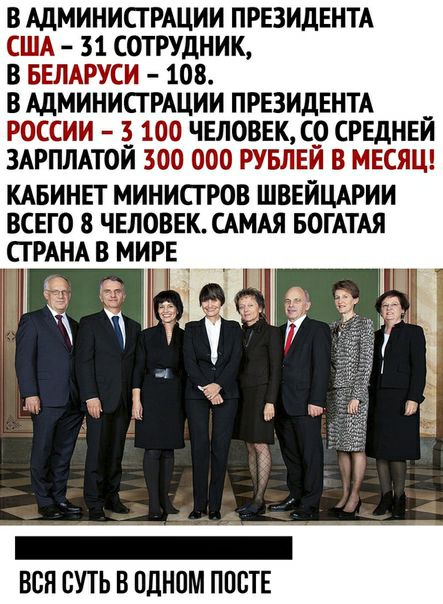 В АДМИНИСТРАЦИИ ПРЕЗИДЕНТА США 31 СОТРУДНИК В БЕЛАРУСИ 108 В АДМИНИСТРАЦИИ ПРЕЗИДЕНТА РОССИИ _3_ 100 ЧЕЛОВЕК СО СРЕДНЕЙ ЗАРПЛАТОЙ 300 000 РУБЛЕЙ В МЕСЯЦ КАБИНЕТ МИНИСТРОВ ШВЕЙЦАРИИ ВСЕГО 8 ЧЕЛОВЕК САМАЯ БОГАТАЯ СТРАНА В МИРЕ _ ВВН СУТЬ В ОДНОМ ПОСТЕ