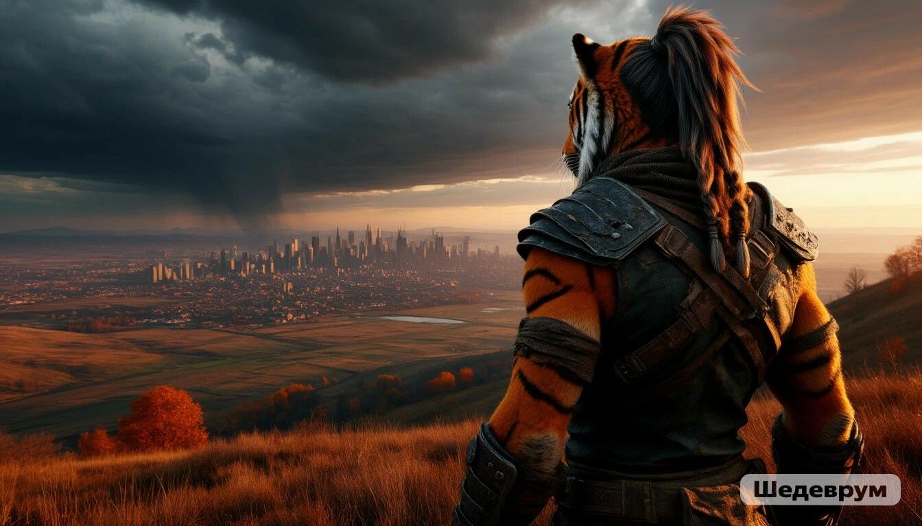 Персонаж в броне на холме смотрит на город на горизонте