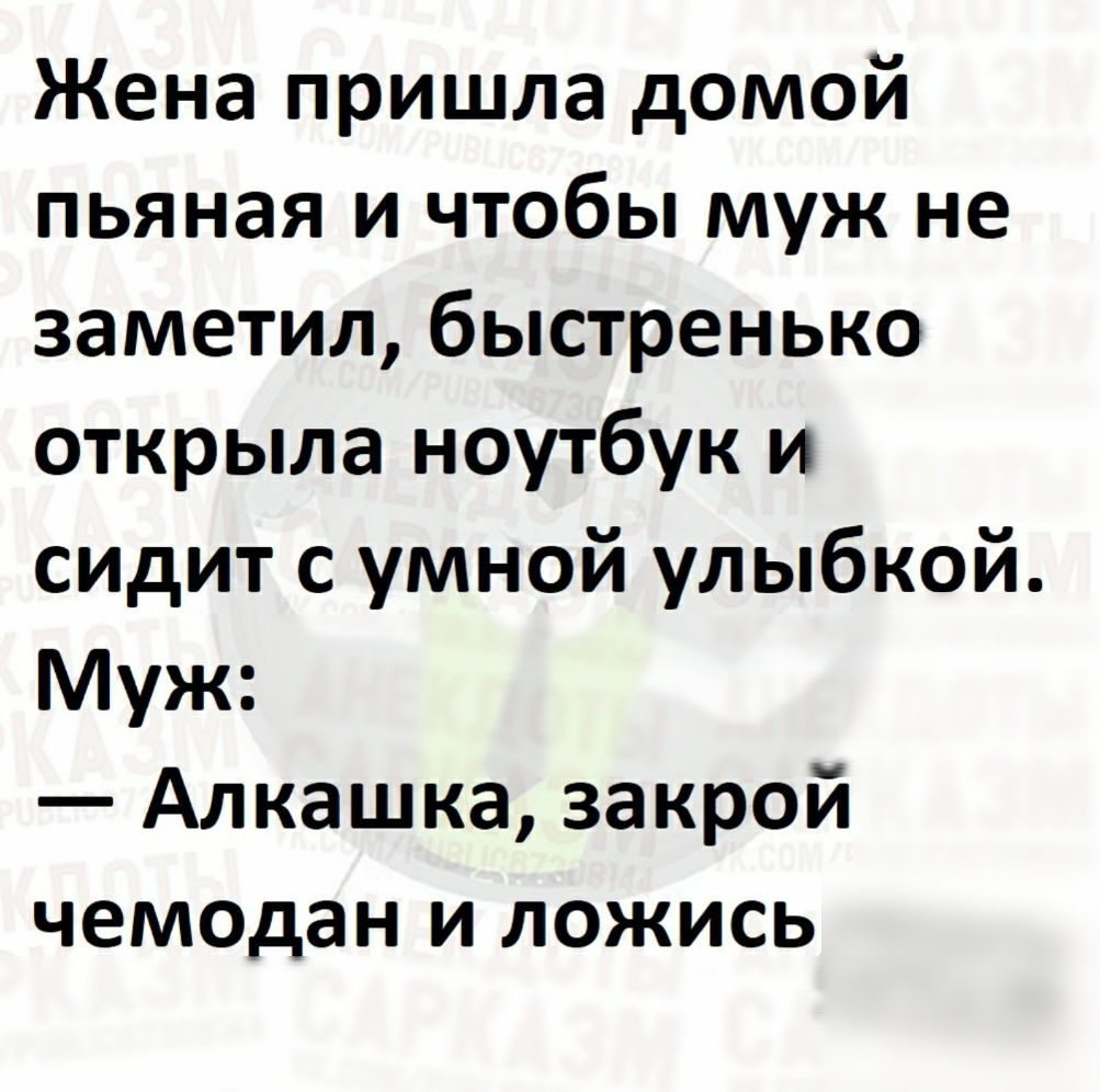 Жена пришла домой пьяная и чтобы муж не заметил быстренько открыла ноутбук  и сидит с умной улыбкой Муж Алкашка закрой чеМОДан и ложись - выпуск №564579