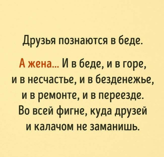 Друзья познаются в беде А жена И в беде и в горе и в несчастье и в безденежье и в ремонте и в переезде Во всей фигне куда друзей и калачом не заманишь