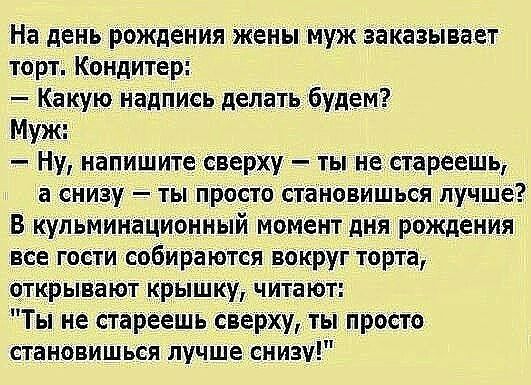 На день рождения жены муж заказывает торт Коидитер Какую надпись делать будем Муж Ну напишите сверху ты нестареешь а снизу ты пРосто стаі ювишься лучше В кульминационный момент дня рождения все гости собираются вокруг торта открывают крышку читают Ты не стареешь сверху ты просто становишься лучше снизу