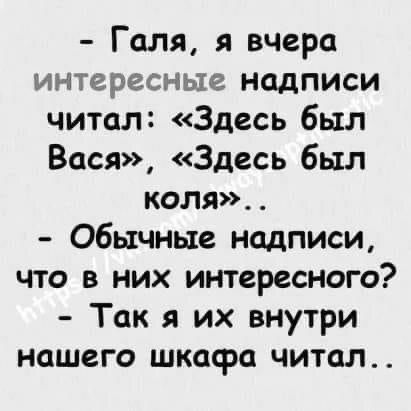 Галя я вчера интересные надписи читал Здесь был Вася Здесь был калл Обычные надписи что в них интересного Так я их внутри нашего шкафа читал