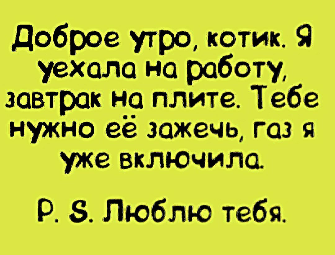 доброе утро котик Я уехала на работу завтрак плите Тебе нужно ее зажечц газ и уже включила Р 8 ЛЮБЛЮ тебя