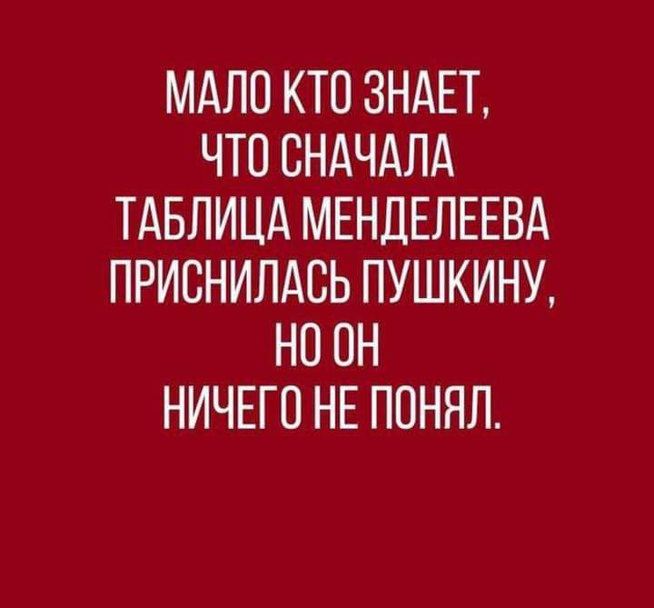 МАЛО КТО ЗНАЕТ ЧТО СНАЧАЛА ТАБЛИЦА МЕНДЕЛЕЕВА ПРИВНИЛАСЬ ПУШКИНУ НО ОН НИЧЕГО НЕ ПОНЯЛ