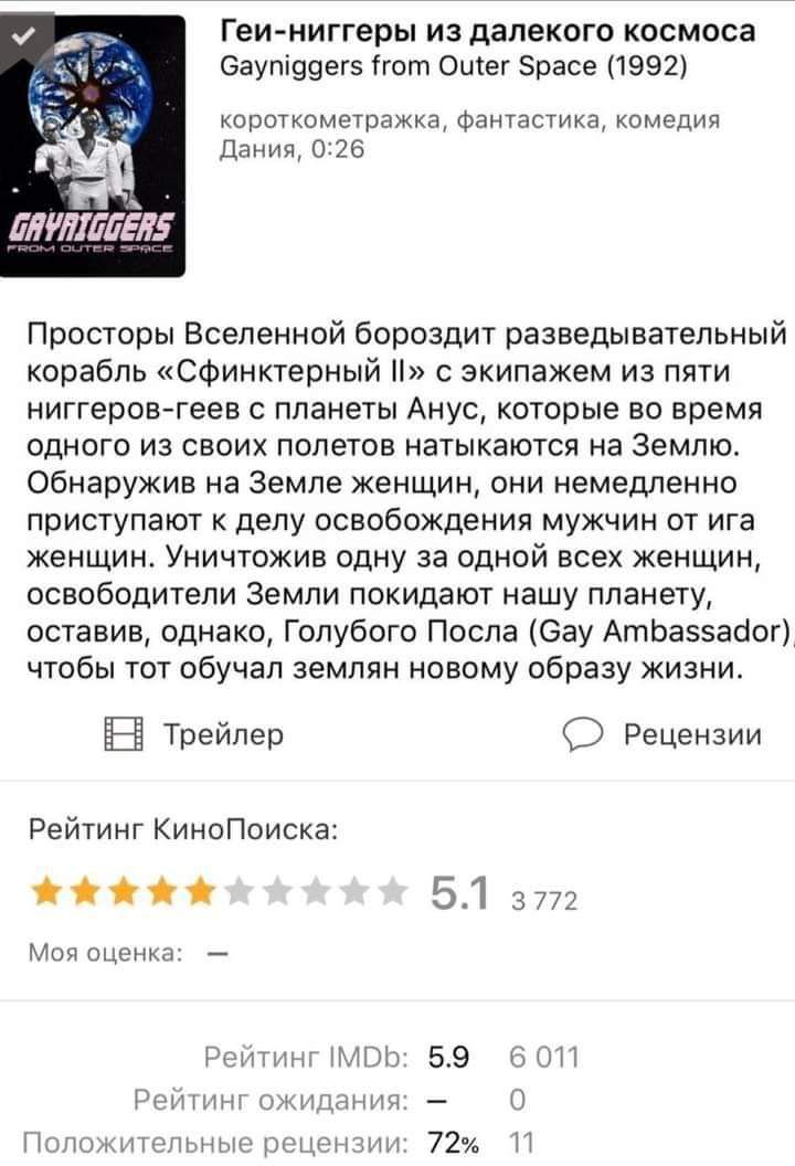 Геи ниггеры ИЗ далекого КОСМОСЭ 6аупі99ег5 гот Оитег Зрасе 1992 короткометражка фантастика комедия Дания 026 лилшёл Просторы Вселенной бороздит разведывательный корабль Сфинктерный с экипажем из пяти ниггеров геев с планеты Анус которые во время одного из своих полетов натыкаются на Землю Обнаружив на Земле женщин они немедленно приступают к делу освобождения мужчин от ига женщин Уничтожив одну за