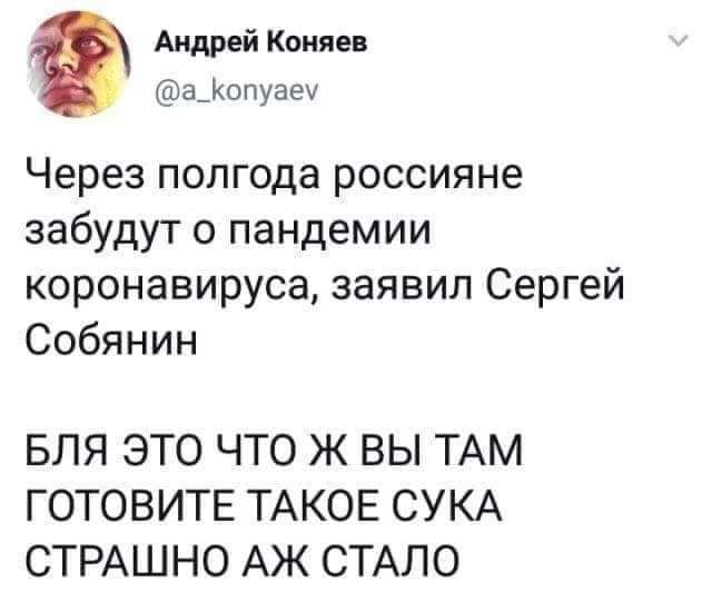 Андрей Коняев а_Копуае Через полгода россияне забудут о пандемии коронавируса заявил Сергей Собянин БЛЯ ЭТО ЧТО Ж ВЫ ТАМ ГОТОВИТЕ ТАКОЕ СУКА СТРАШНО АЖ СТАЛО