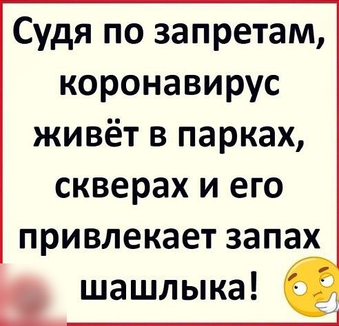 Судя по 3апретам коронавирус живёт в парках скверах и его привлекает запах шашлыка