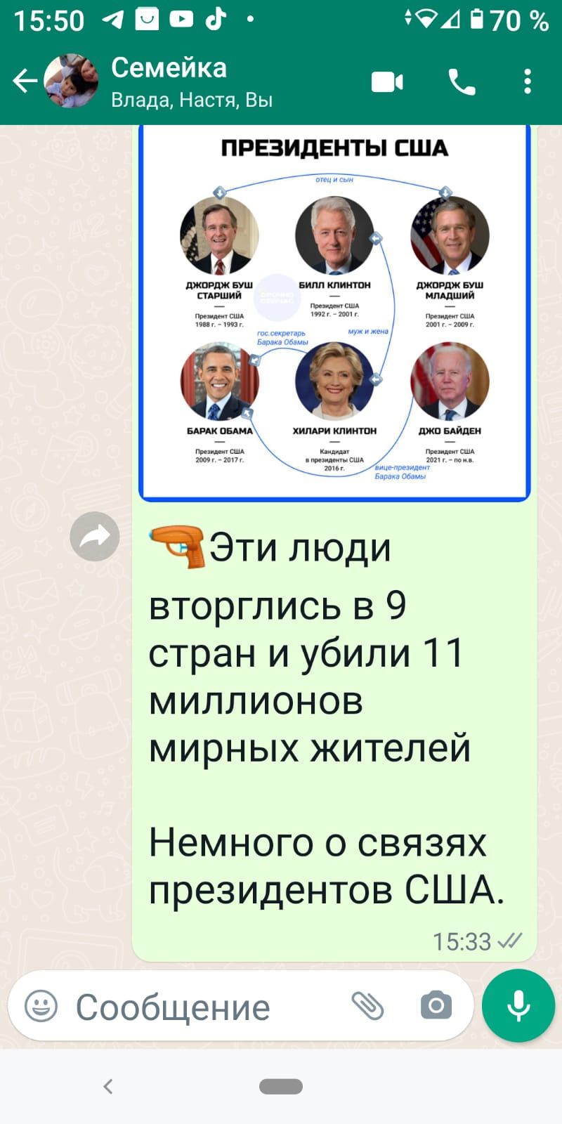 1550 4136 9Аі70 Семейка Влада Настя Вы ПРВИДЕНТЫ США ОДО вторглись в 9 стран и убили 11 миллионов мирных жителей Немного о связях президентов США 1533 Сообщение _