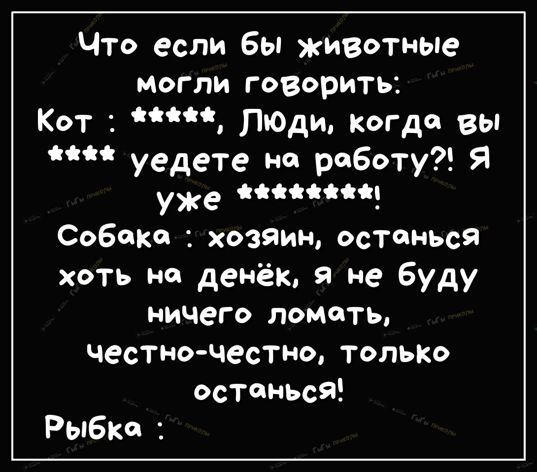 Что если бы живот шие могли говорить Кот ЛЮДИ Когда вы уедете на работу Я уже ііііі Собака хозяин останься хоть на деНЁы Я не буду ничего ломать честночестно ТОЛЬКО останься Рыбка