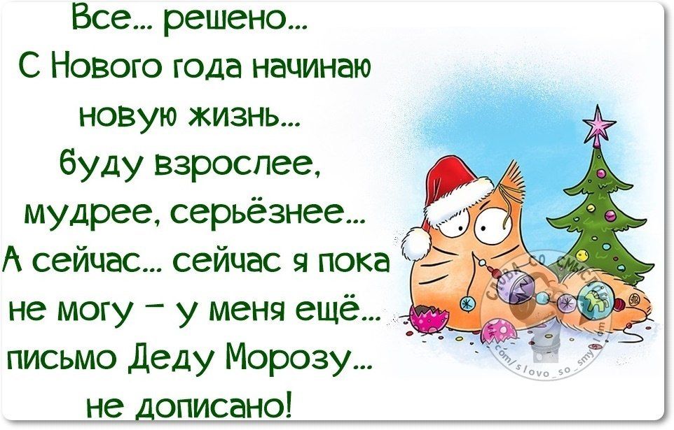 Все решено С Нового года начинаю новую жизнь буду взрослее мудрее серьезнее А сейчас сейчас я пока ЁЁ не могу у меня ещё письмо деду Морозу не А описано