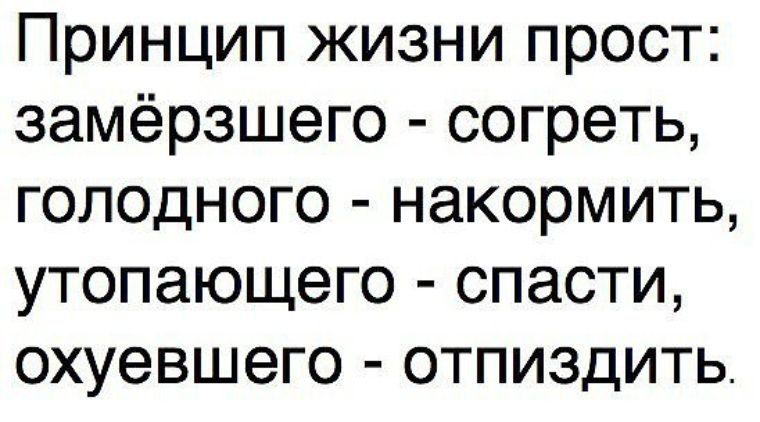 Принцип жизни прост замёрзшего согреть голодного накормить утопающего спасти охуевшего отпиздить