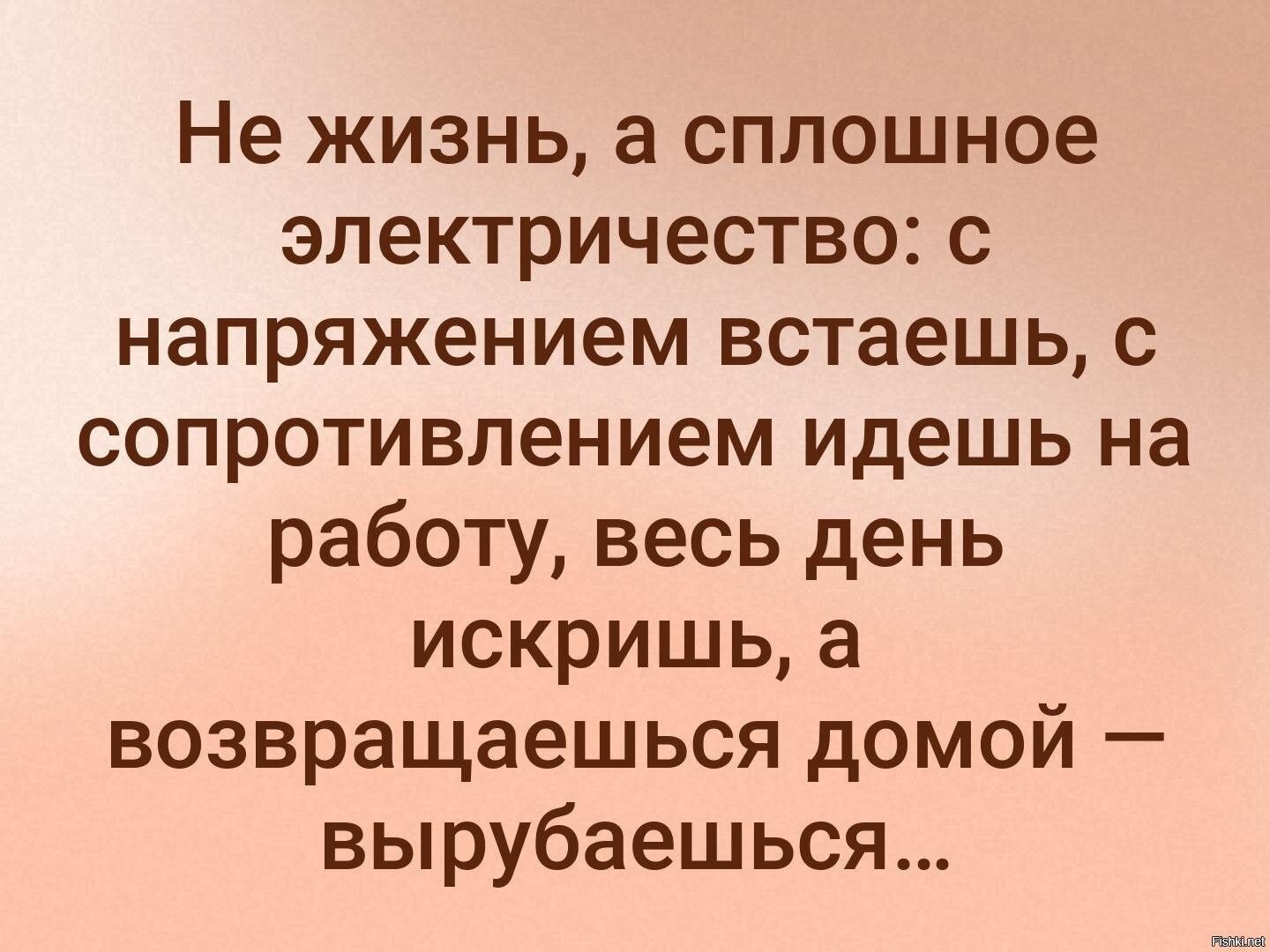 Не жизнь а сплошное электричество с напряжением встаешь с сопротивлением идешь на работу весь день искришь а возвращаешься домой вырубаешься