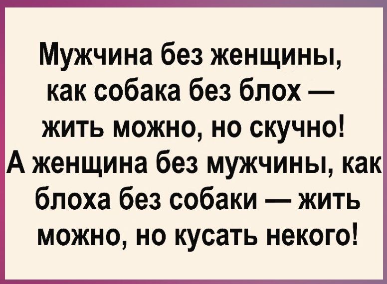 Мужчина без женщины как собака без блох ЖИТЬ МОЖНО НО СКУЧНО А женщина без мужчины как блоха без собаки жить можно но кусать некого