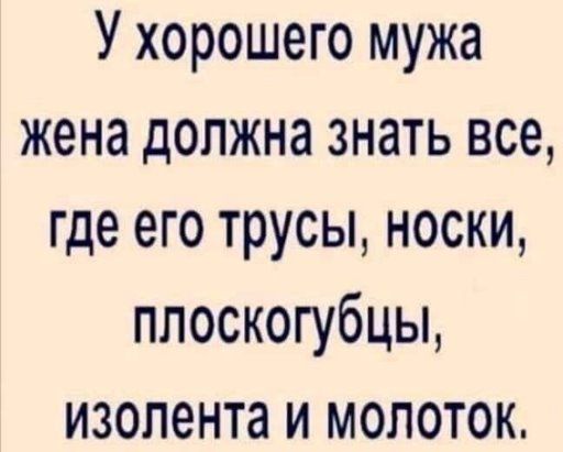 У хорошего мужа жена должна знать все где его трусы носки плоскогубцы изолента и молоток