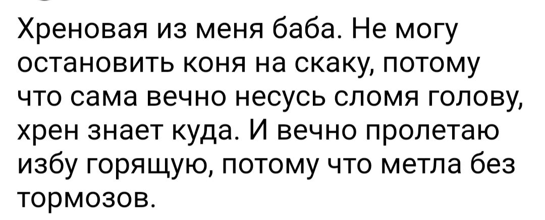 Хреновая из меня баба Не могу ОСТЭНОБИТЬ КОНЯ на СКЭКУ ПОТОМУ что сама вечно несусь сломя голову хрен знает куда И вечно пропетаю избу горящую потому что метла без тормозов
