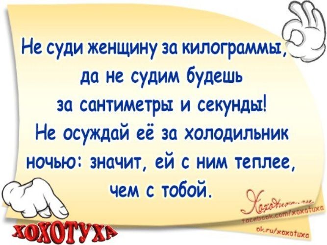 Не суди женщину за килограммыО да не судим будешь за сантиметры и секунды Не осуждай её за холодильник ночью значит ей с ним теплее чем с тобой Уфа