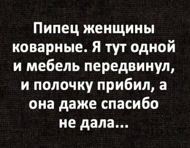 Пипец женщины коварные Я тут одной и мебель передвинул и полочку прибил а она даже спасибо не дала