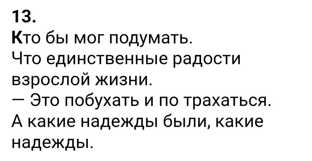 13 Кто бы мог подумать Что единственные радости взрослой жизни Это побухать и по трахаться А какие надежды быпи какие надежды
