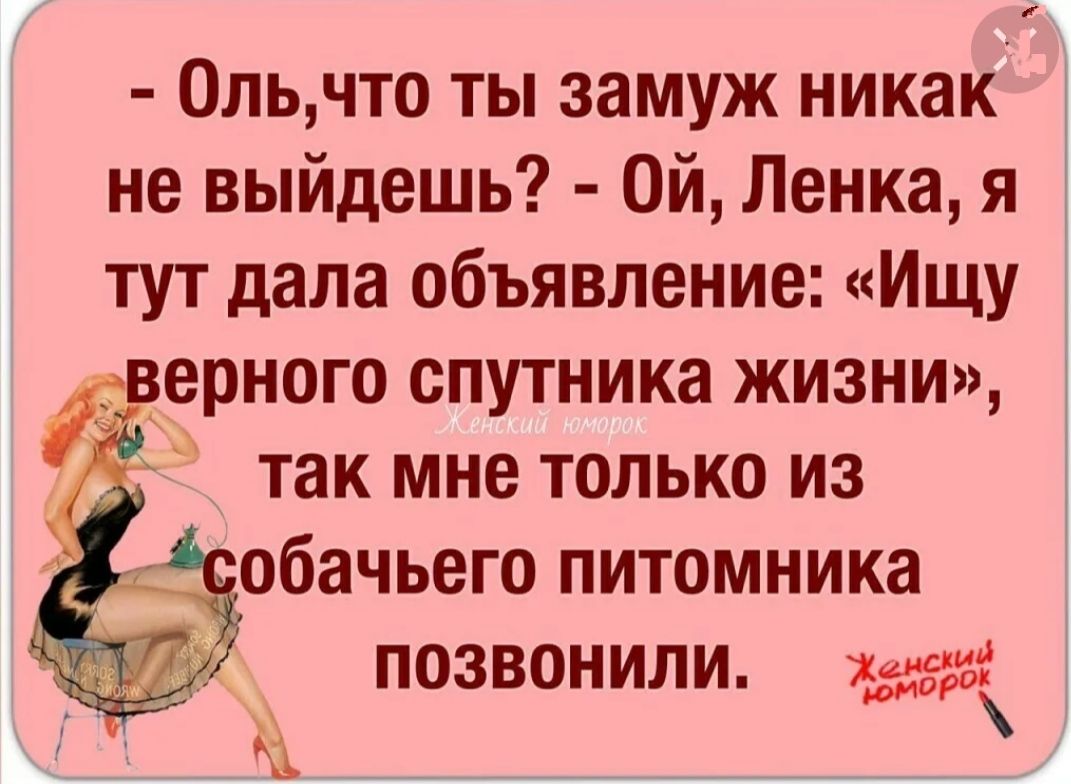 0льчто ты замуж никак не выйдешь Ой Ленка я тут дала объявление Ищу верного спутника жизни так мне только из обачьего питомника позвонили хдд